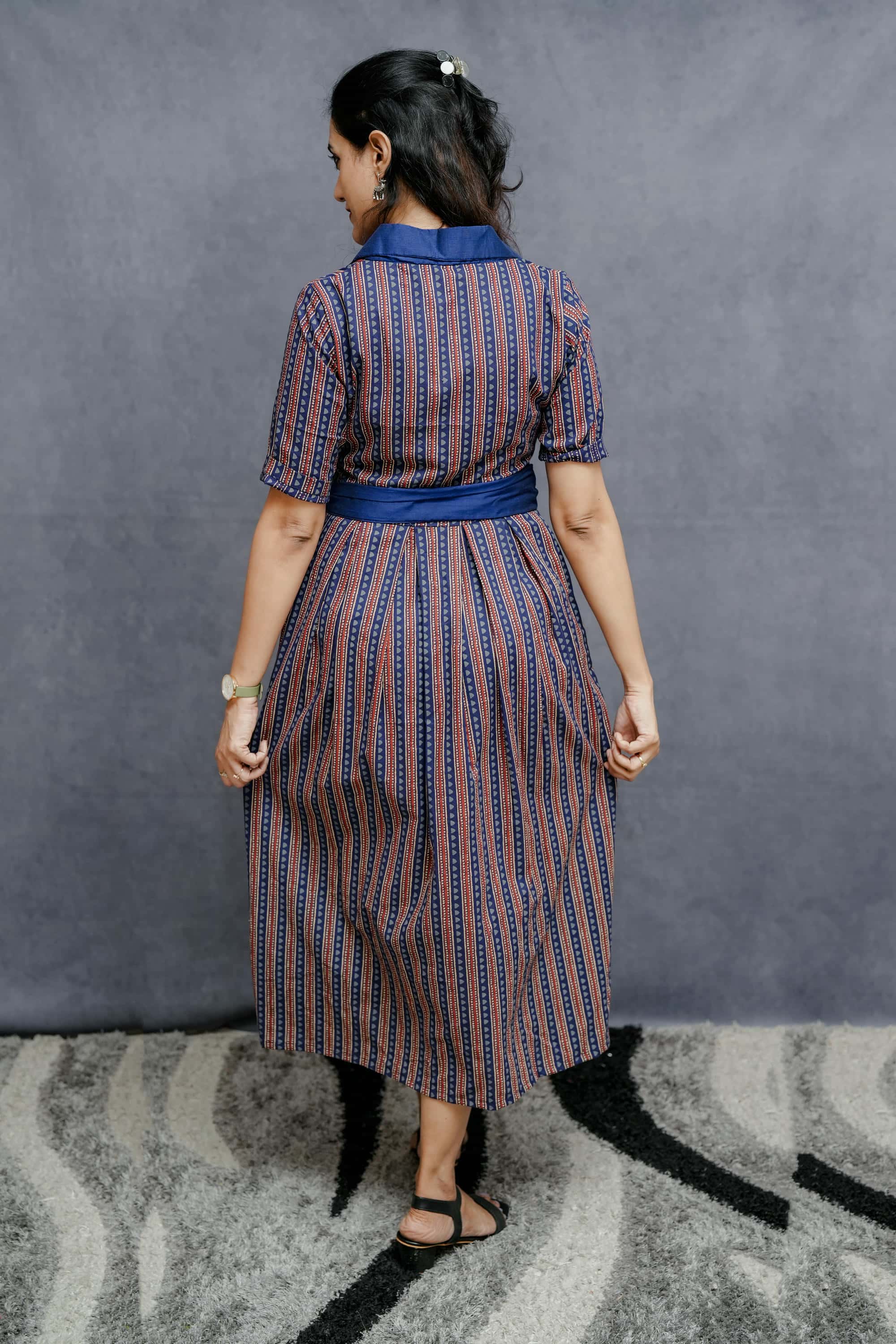 Box Pleated Printed Navy Blue Cotton Collar Dress With Belt The Renay Store Box Pleated Printed Navy Blue Cotton Collar Dress With Belt The Renay Store