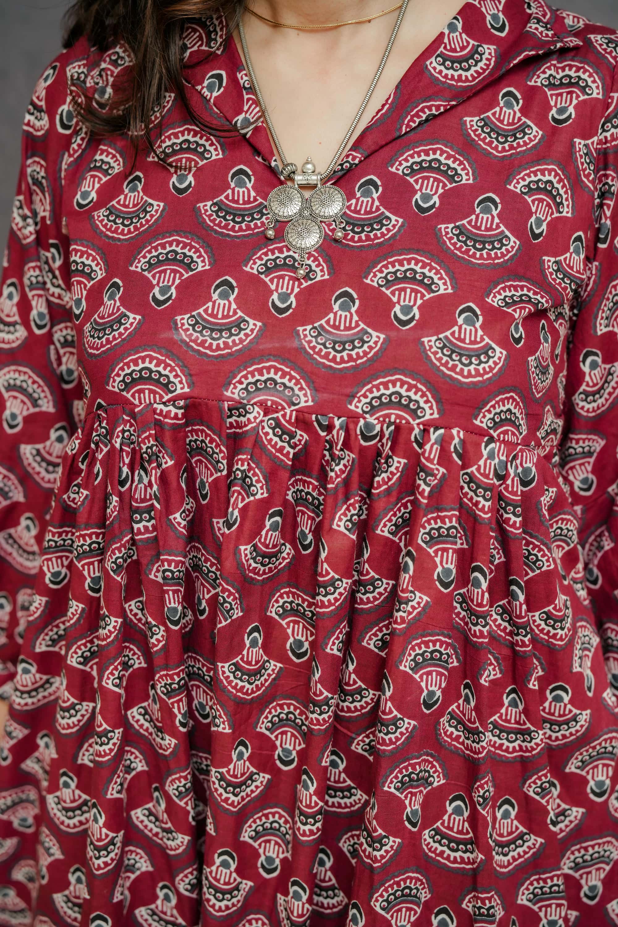 Maroon Printed Cotton Pleated Kurti