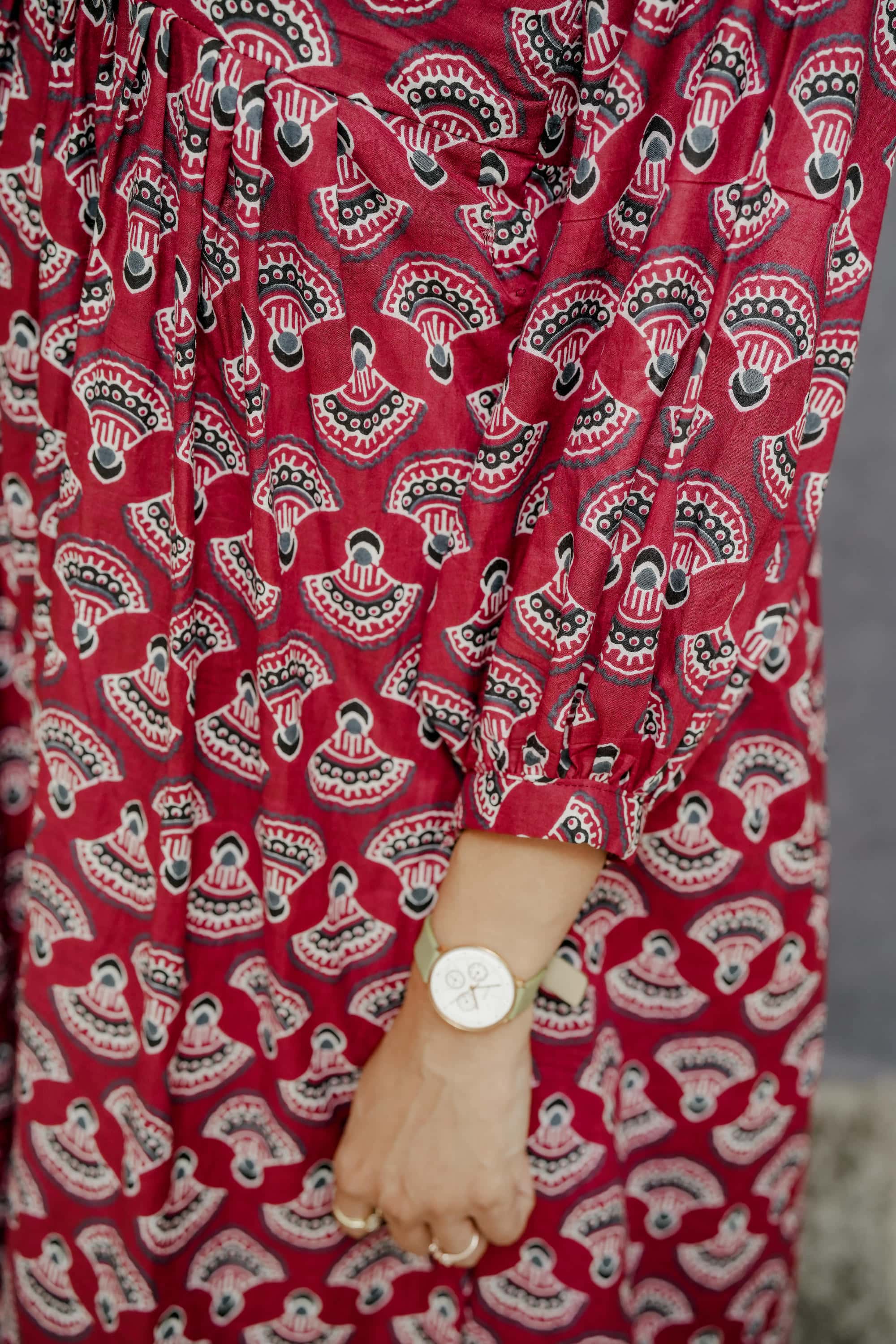 Maroon Printed Cotton Pleated Kurti