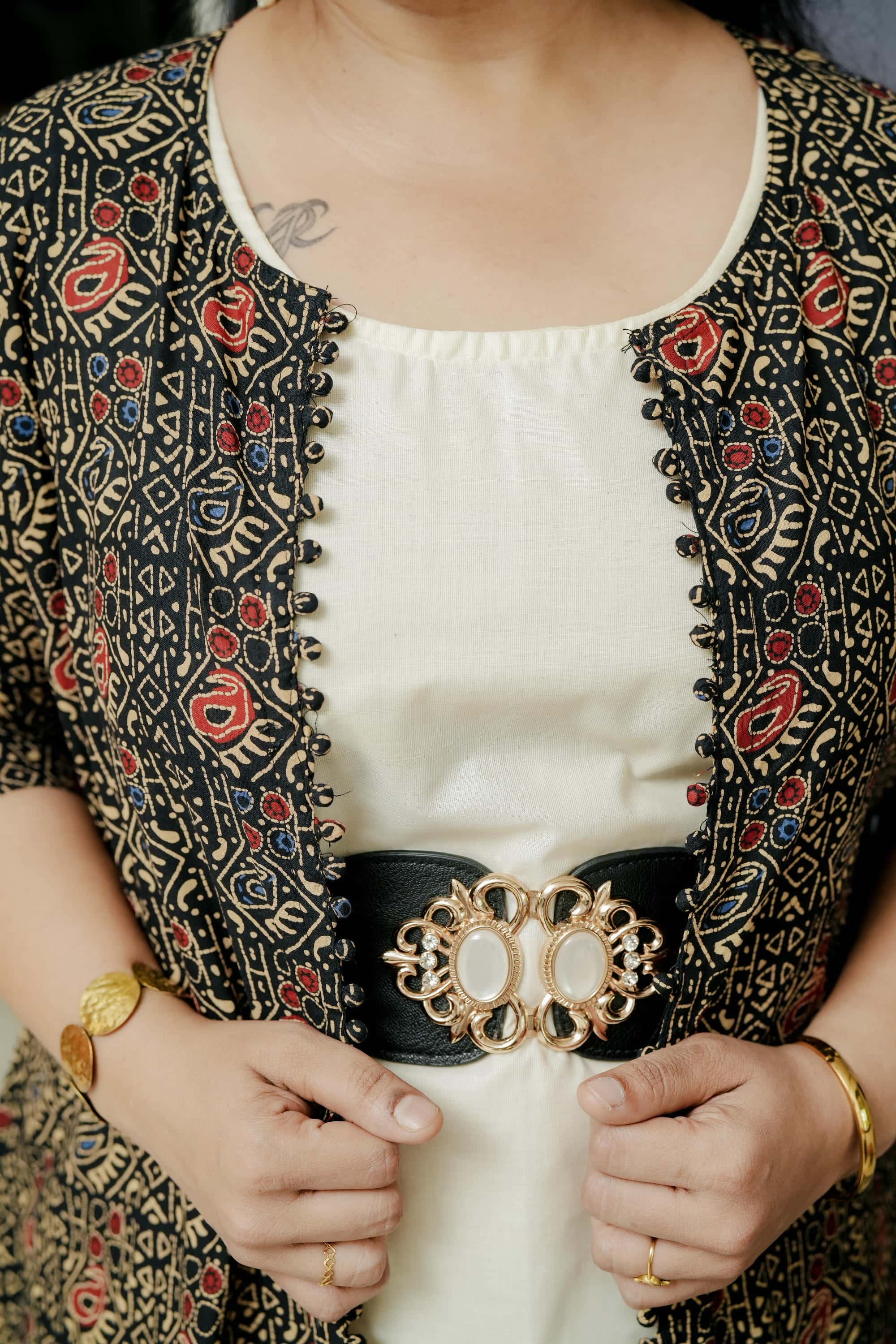 Off White A line Sleeveless Cotton Dress with Printed Cotton Jacket