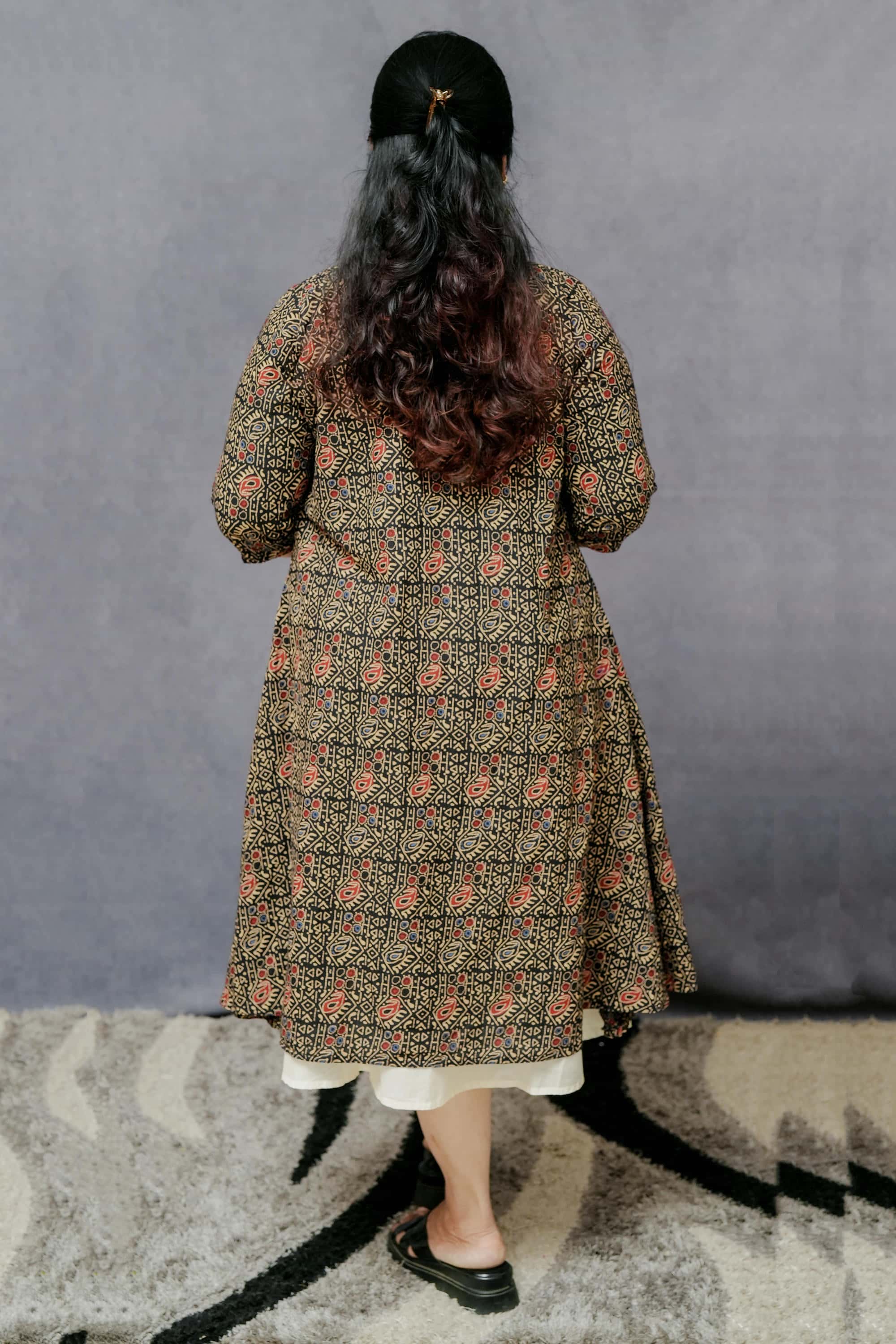Off White A line Sleeveless Cotton Dress with Printed Cotton Jacket