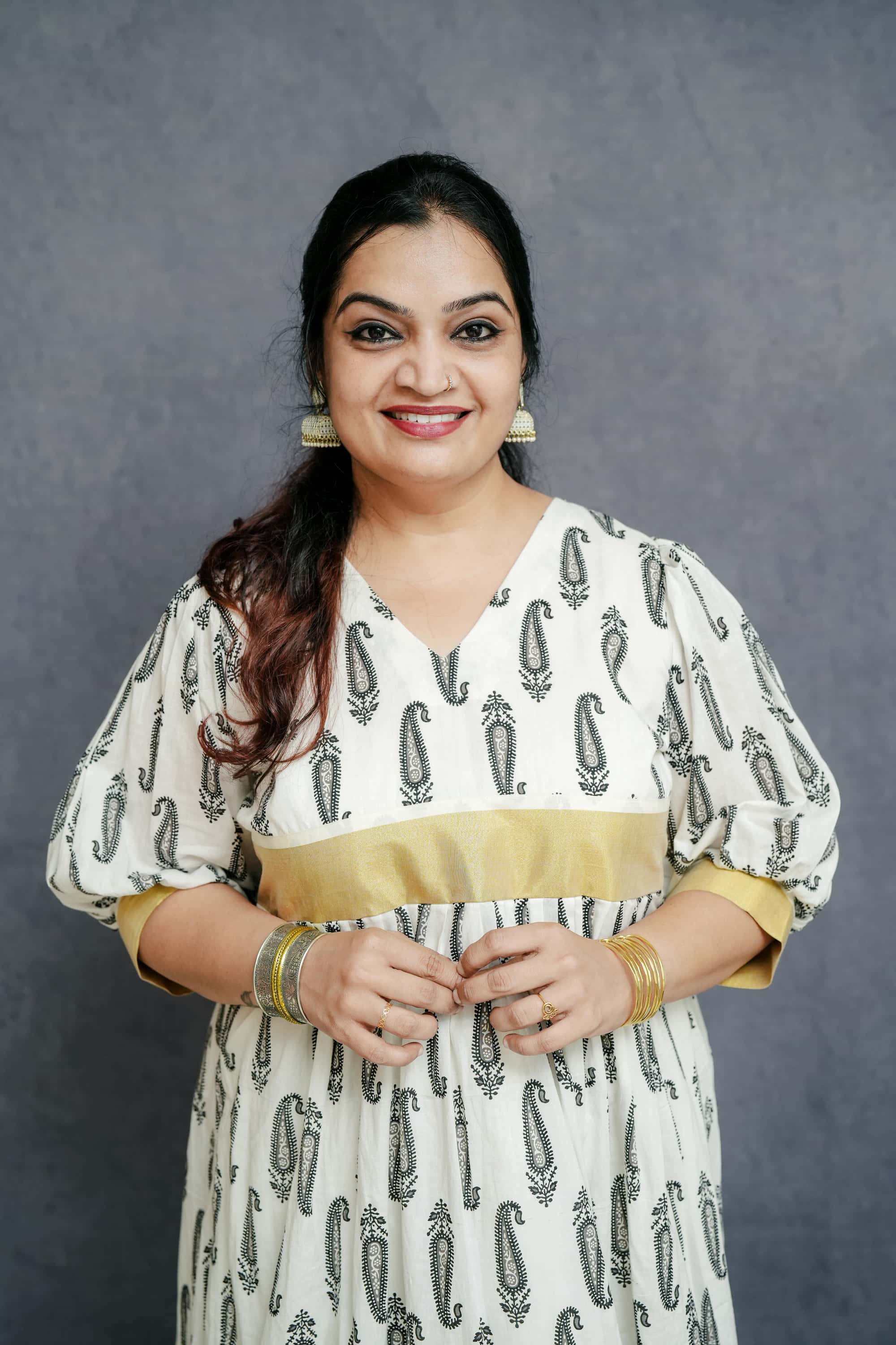 White Printed A line Cotton Dress with Golden Highlight
