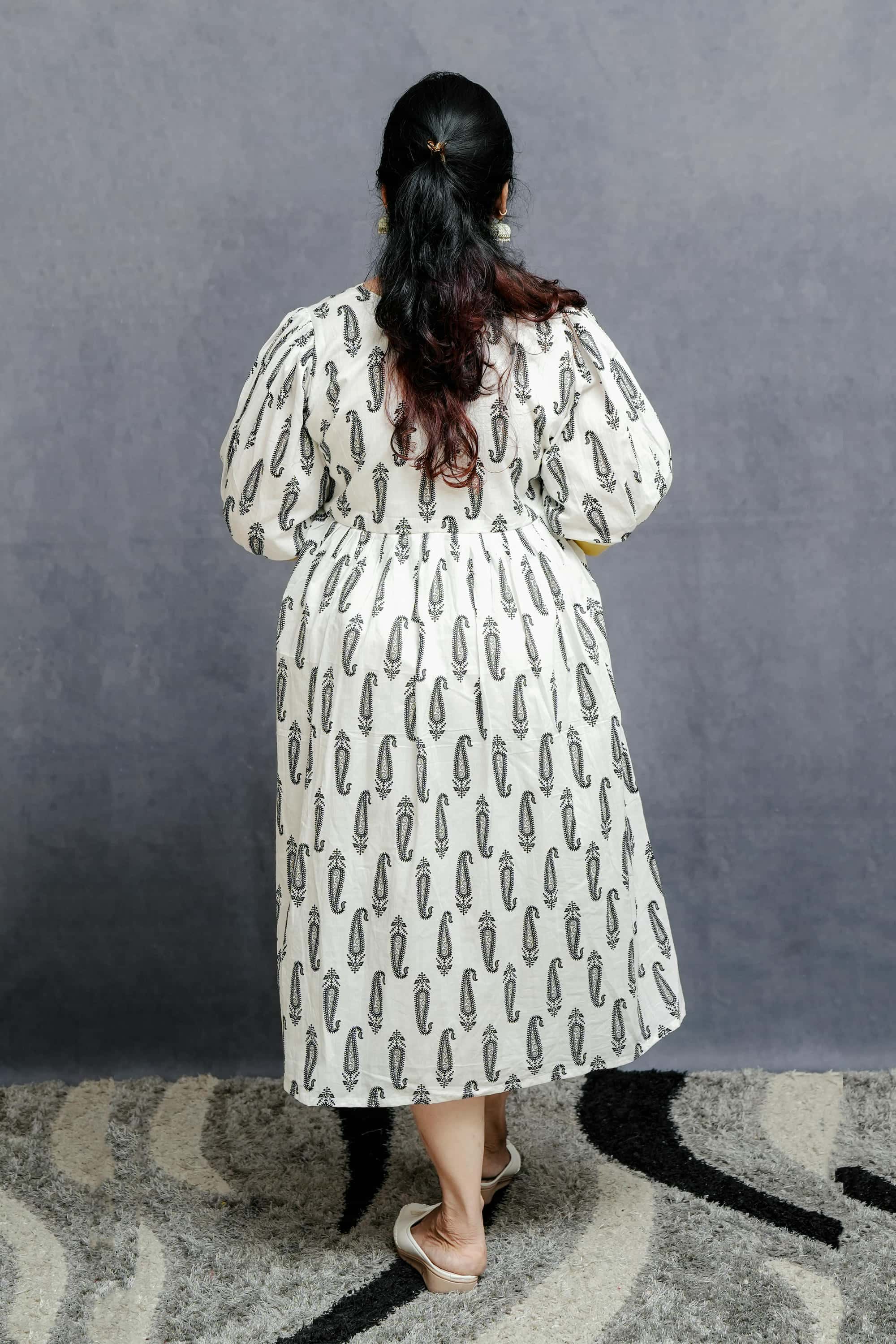 White Printed A line Cotton Dress with Golden Highlight