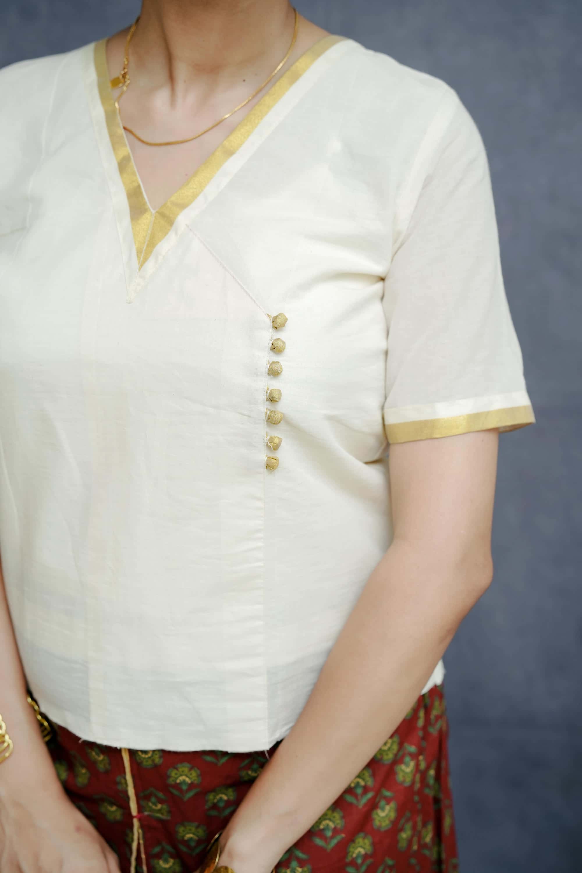 Off white Cotton Top in Golden Detailing with Printed Korean Style Red Cotton Skirt