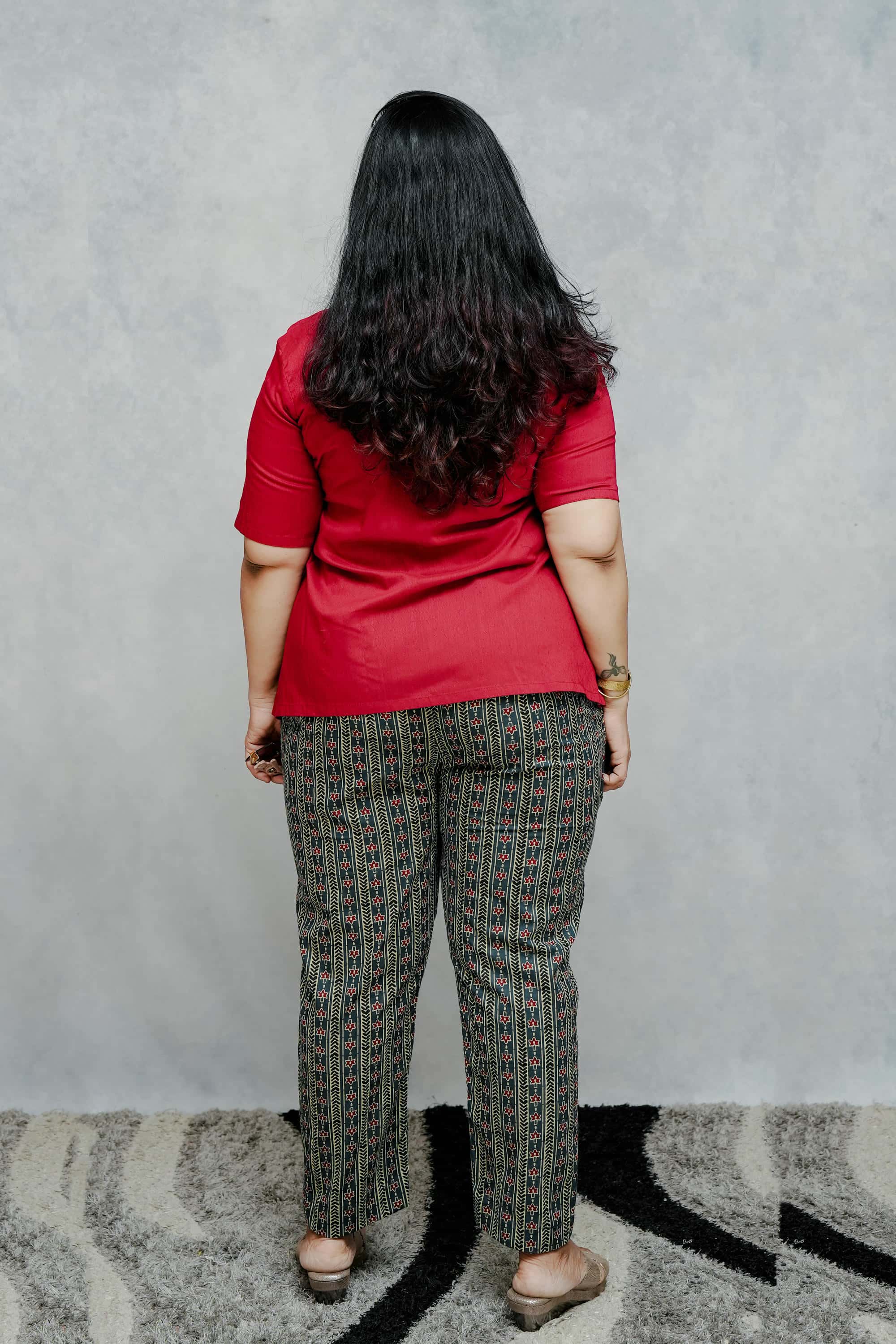 Plain Red Cotton Top in Golden Buttons with Printed Cotton Pant