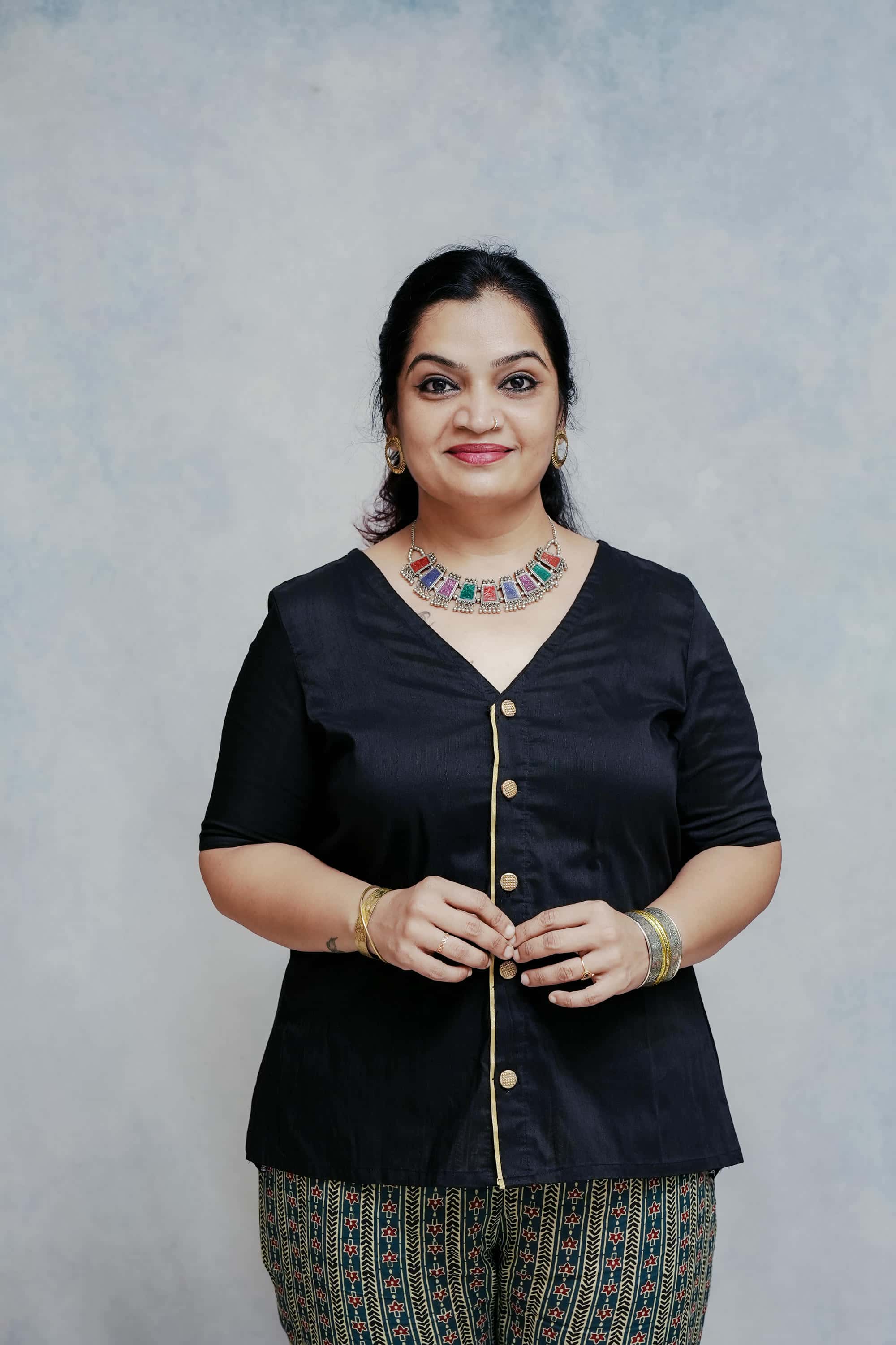 Plain Black Cotton Top in Golden Buttons with Printed Cotton Pant