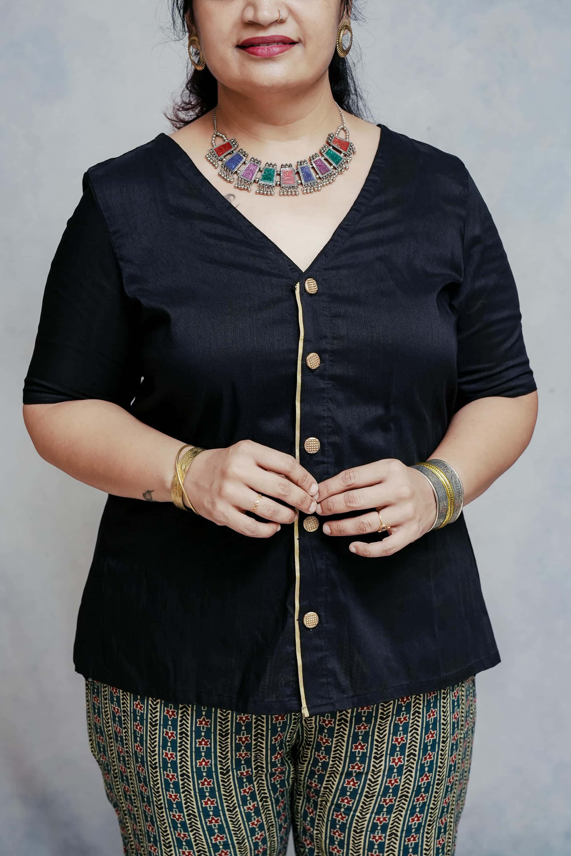Plain Black Cotton Top in Golden Buttons with Printed Cotton Pant