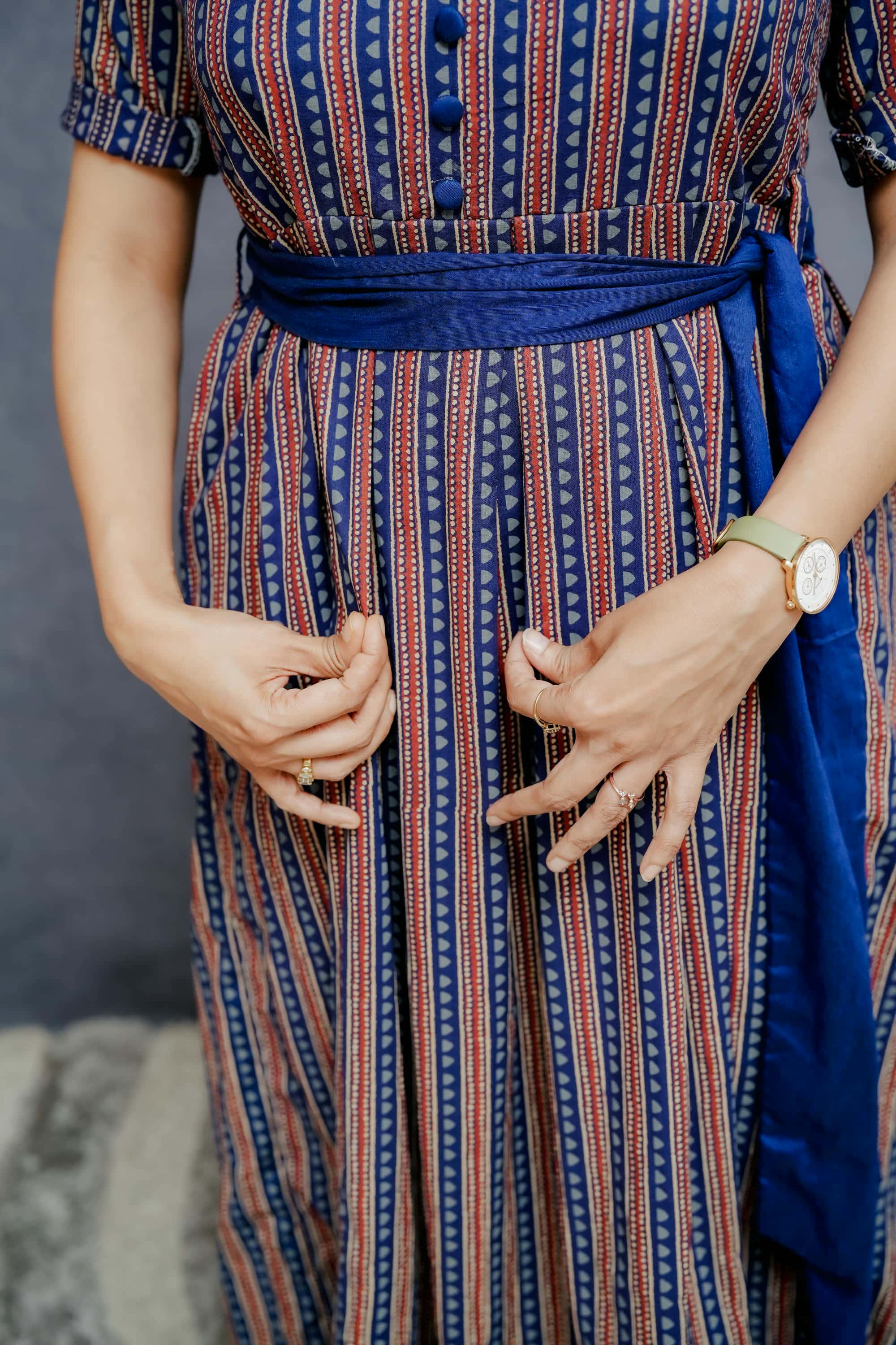 Box Pleated Printed Navy Blue Cotton Collar Dress With Belt The Renay Store Box Pleated Printed Navy Blue Cotton Collar Dress With Belt The Renay Store