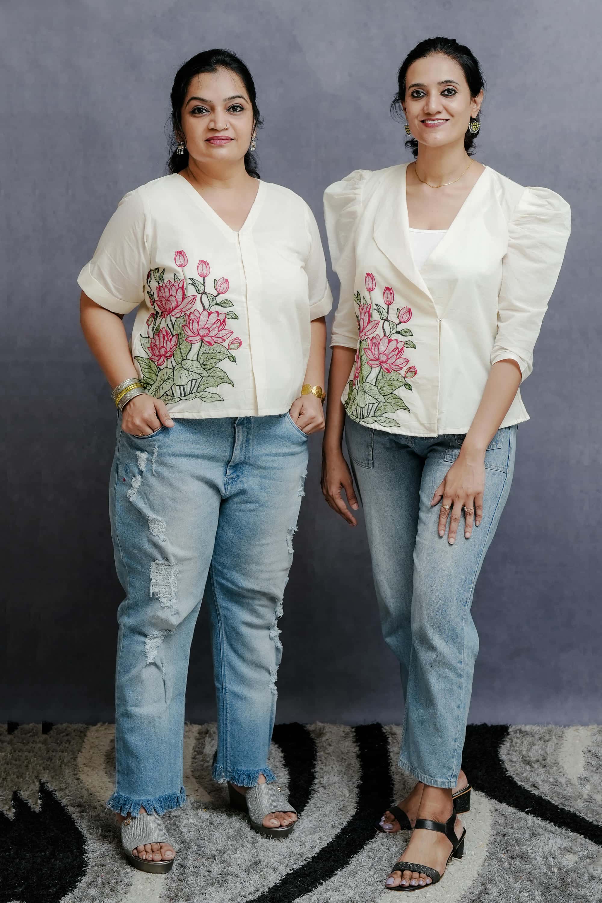 Off White Cotton Front Buttoned Top with Lotus Embroidery