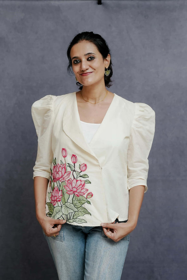 Off White Cotton Jacket with Lotus Embroidery