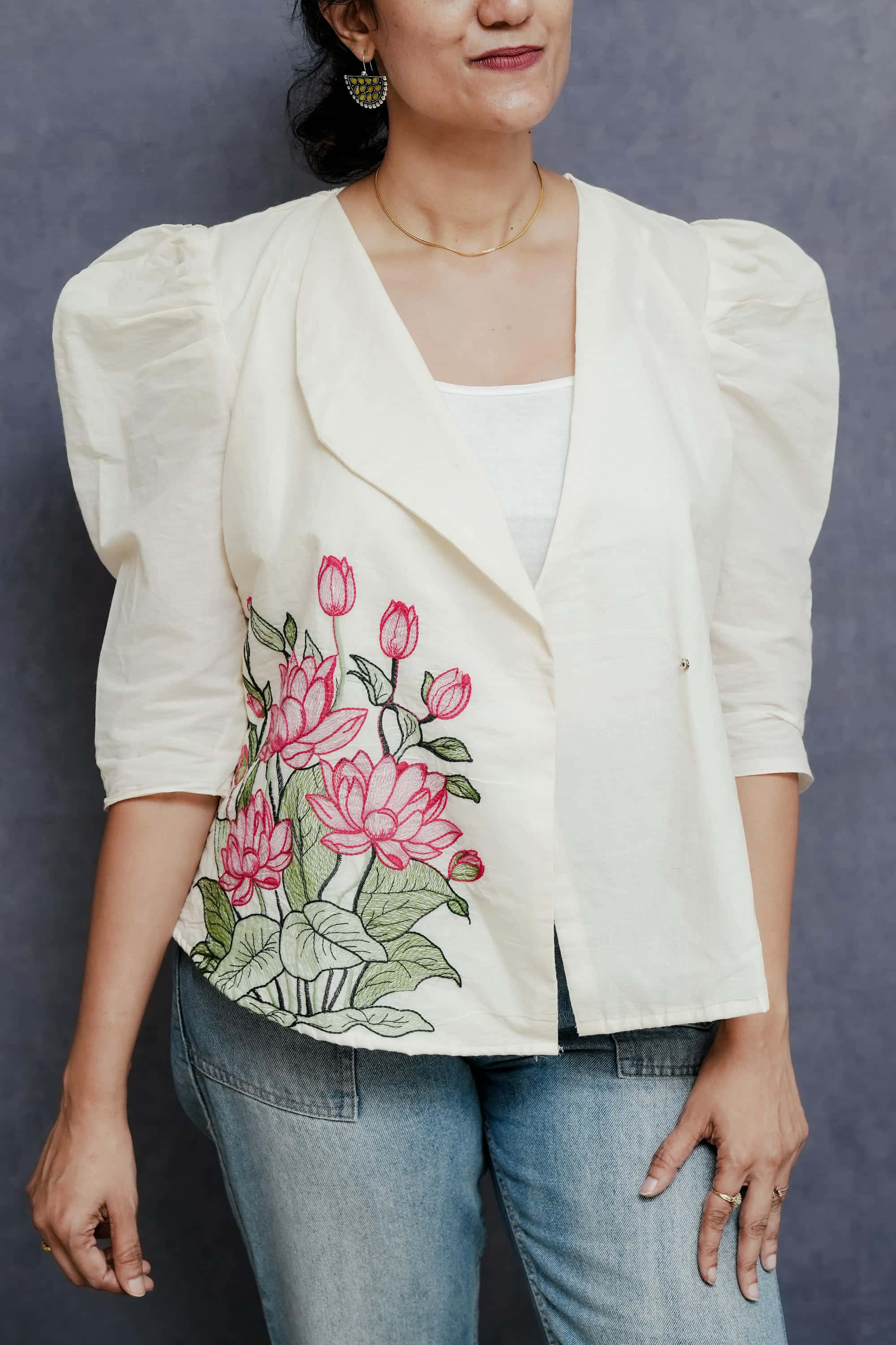 Off White Cotton Jacket with Lotus Embroidery