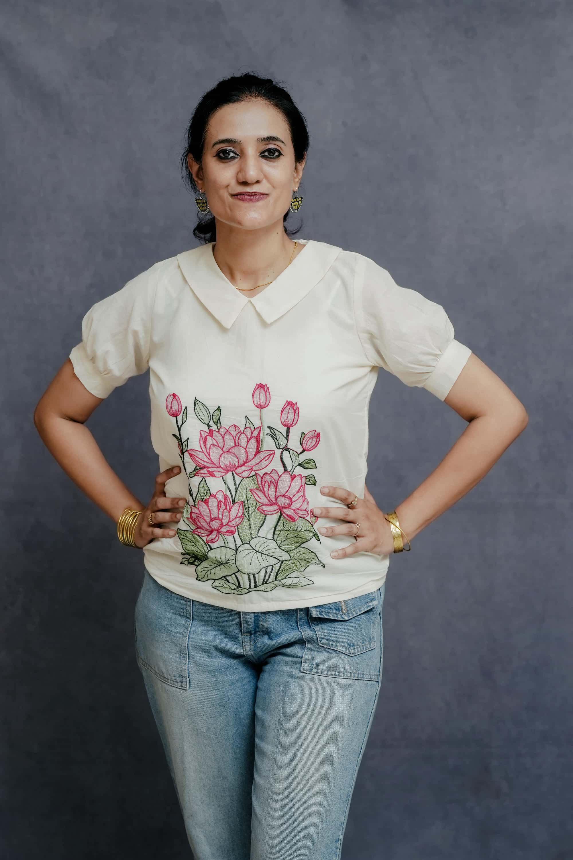 Off White Cotton Back zip Top with Lotus Embroidery