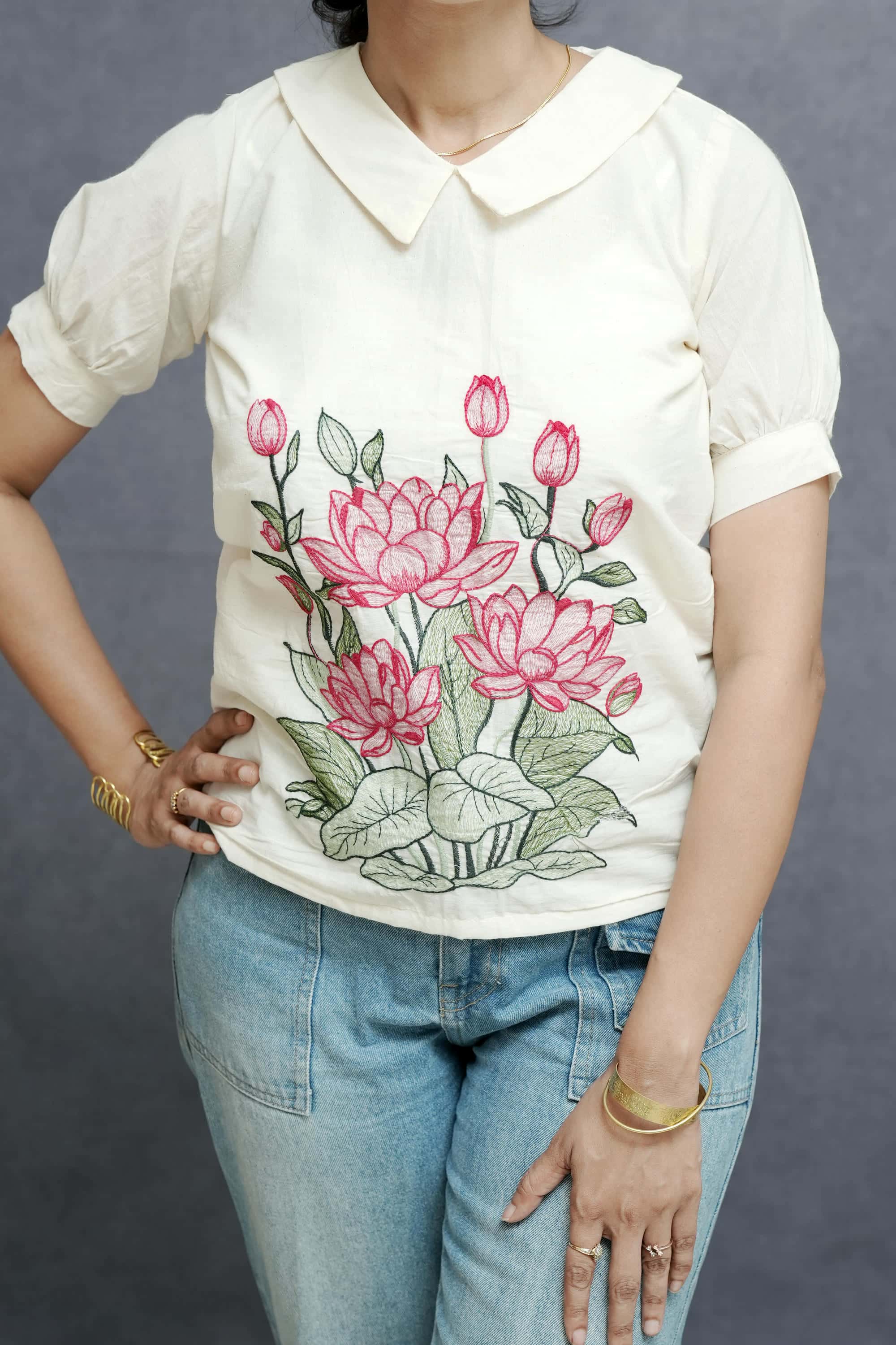 Off White Cotton Back zip Top with Lotus Embroidery