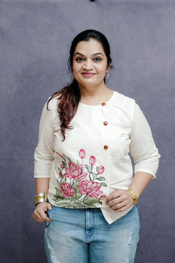 Off White Cotton UnevenTop with Lotus Embroidery