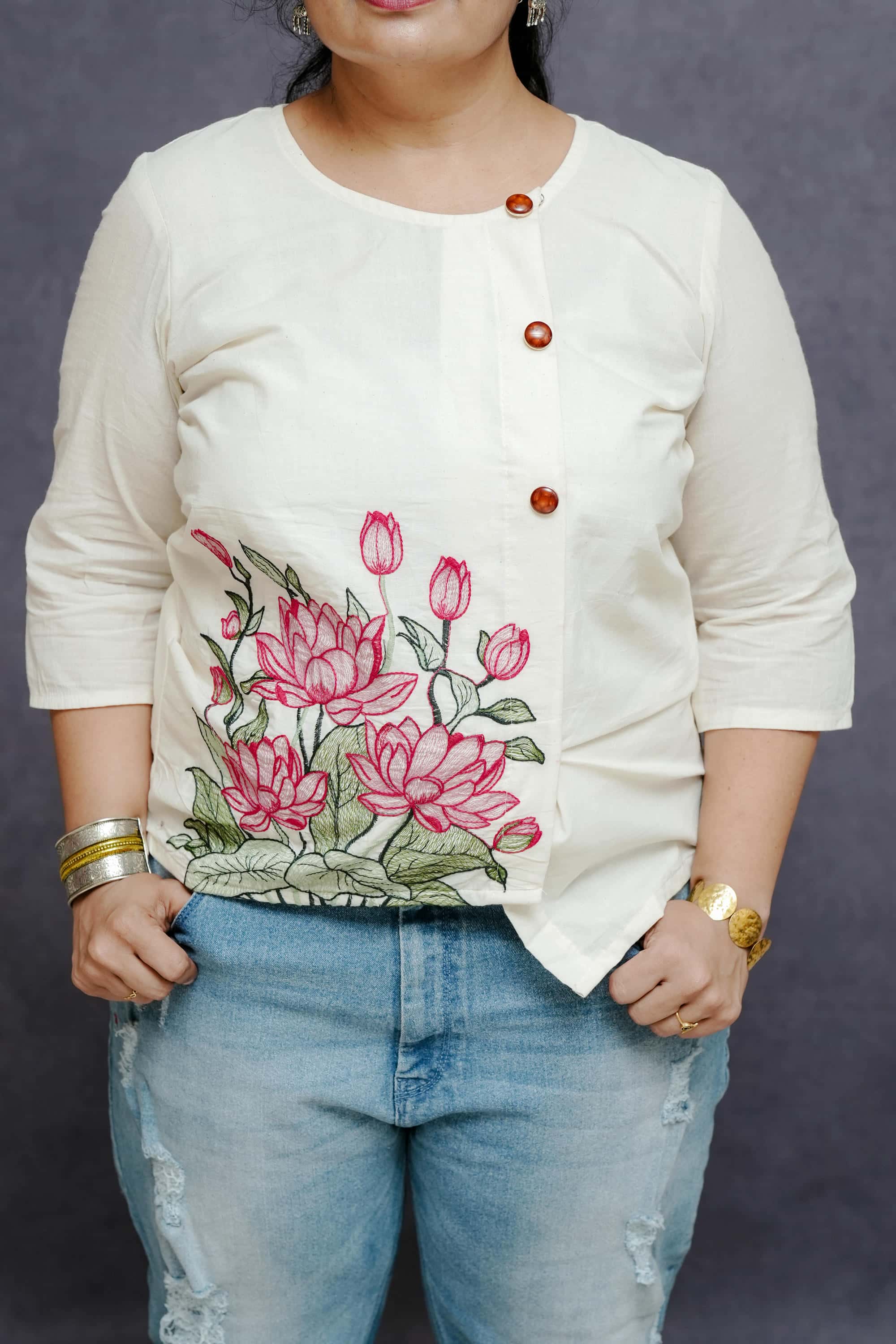 Off White Cotton UnevenTop with Lotus Embroidery