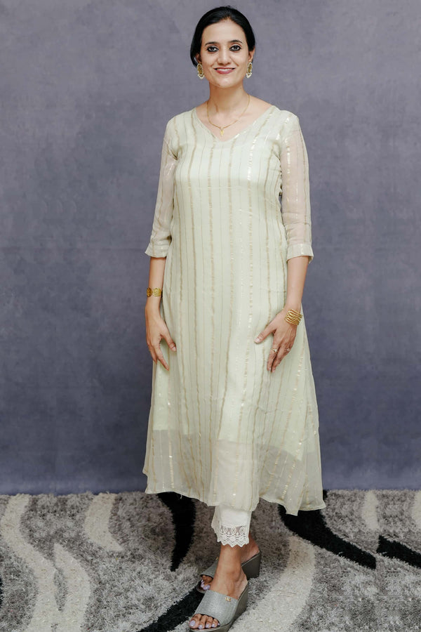 A Line Pistachio Gorgette Dress with Rose Gold Stripes