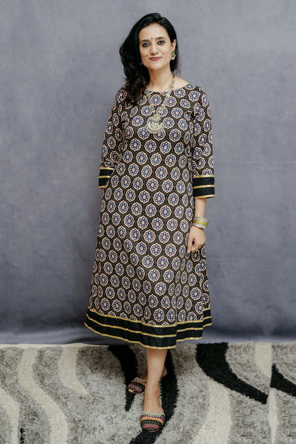 Black Printed Cotton A Line Kurti With Boat Neck