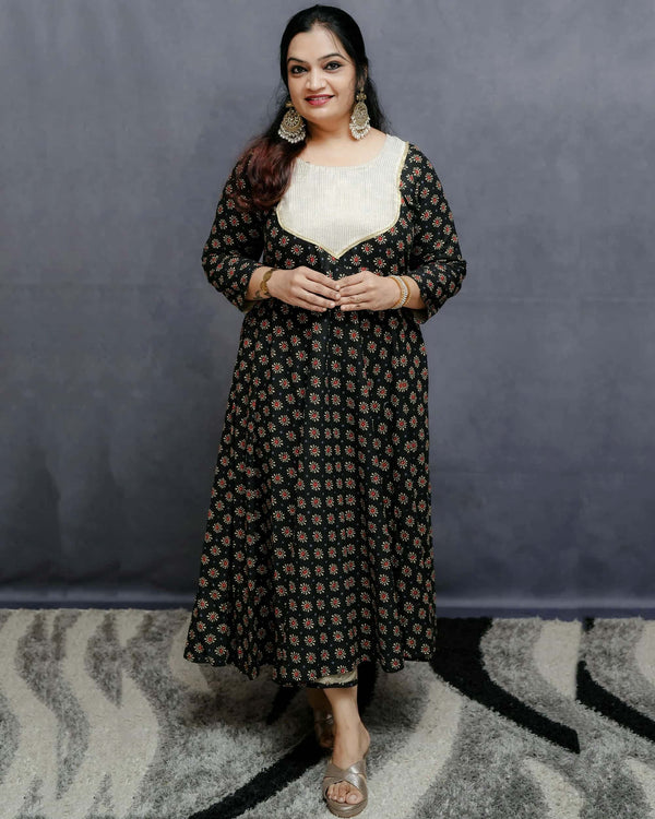 Black Printed Cotton Flair Kurti With Off White Golden Detailing