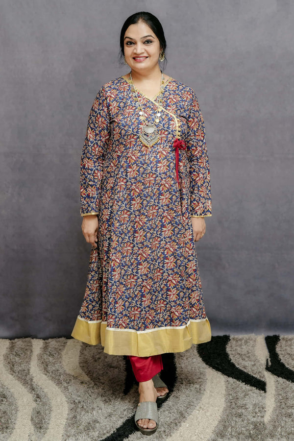 Blue Kalamkari Printed Cotton Anarkali Kurti With Contrast Plain Bottom Set