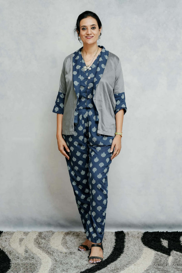 Indigo Printed Cotton Waist Coat & Pant paired with Grey Cotton Jacket with Printed Detailing
