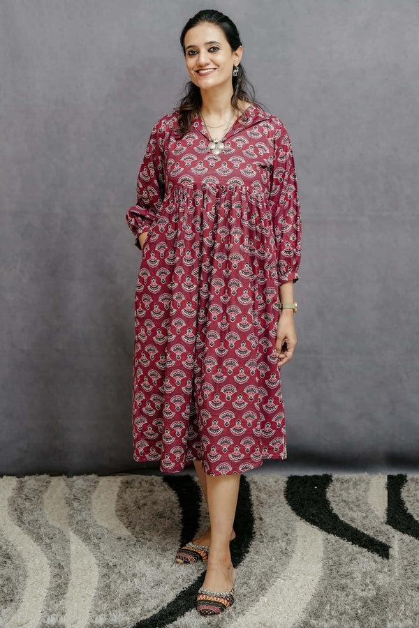 Maroon Printed Cotton Pleated Kurti