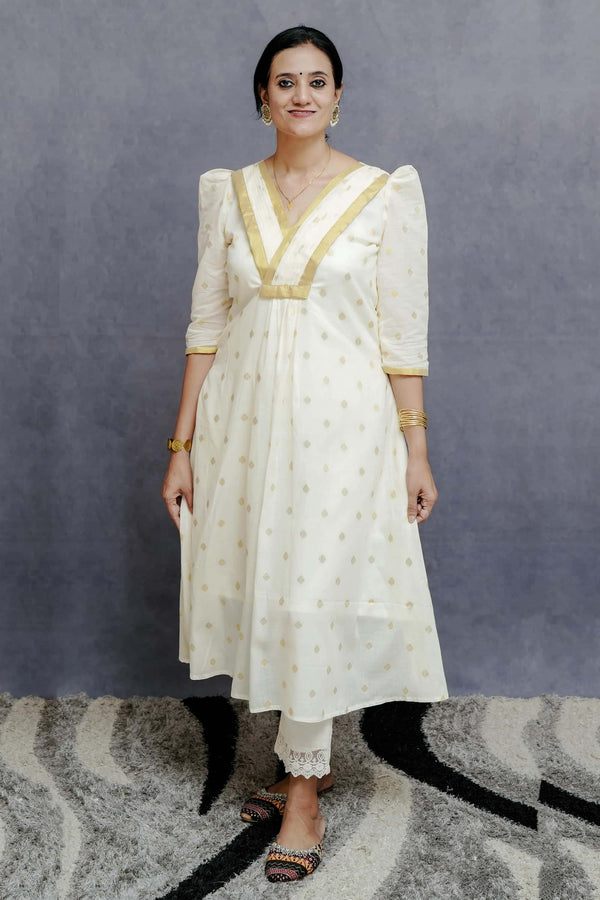 Off-White A Line Cotton Dress With Golden Plates & Highlights
