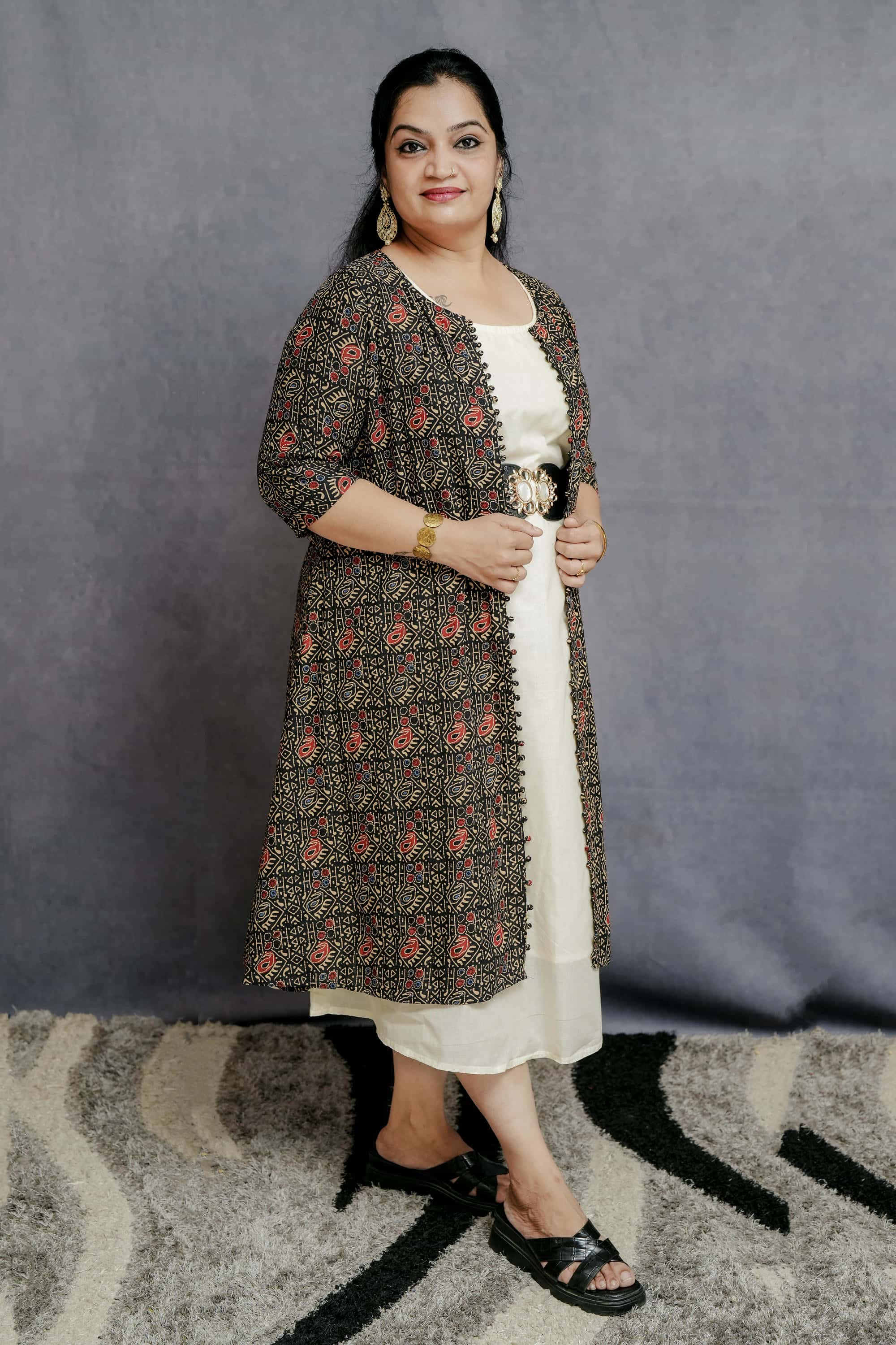 Off White A line Sleeveless Cotton Dress with Printed Cotton Jacket