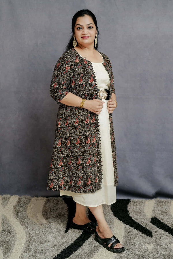 Off-White A Line Sleeveless Cotton Dress With Printed Cotton Jacket