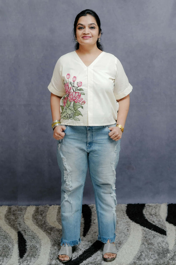 Off White Cotton Front Buttoned Top with Lotus Embroidery