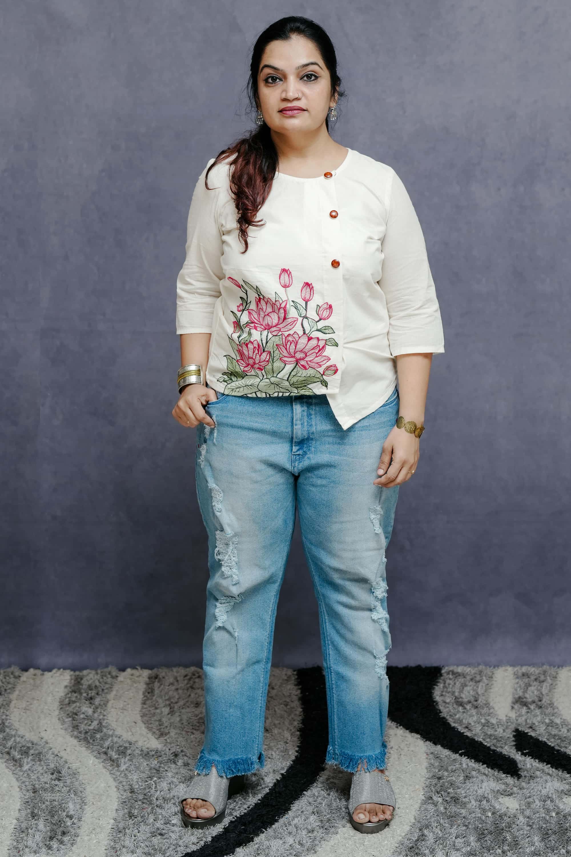 Off White Cotton UnevenTop with Lotus Embroidery