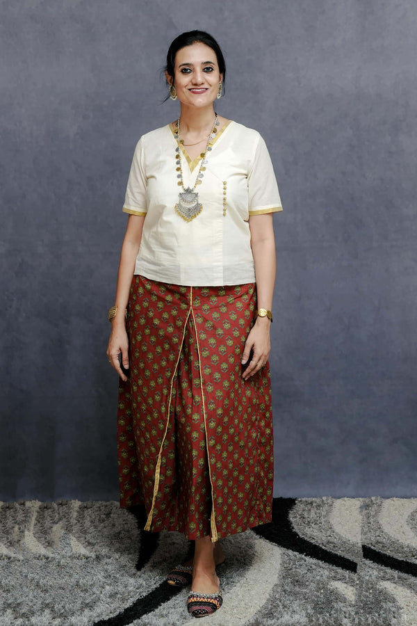 Off white Cotton Top in Golden Detailing with Printed Korean Style Red Cotton Skirt