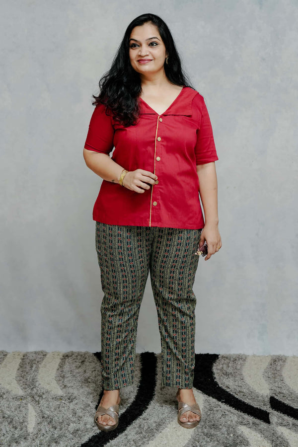 Plain Red Cotton Top in Golden Buttons with Printed Cotton Pant