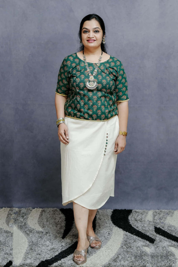 Printed Green Cotton Top with Off White Mermaid Cotton Skirt