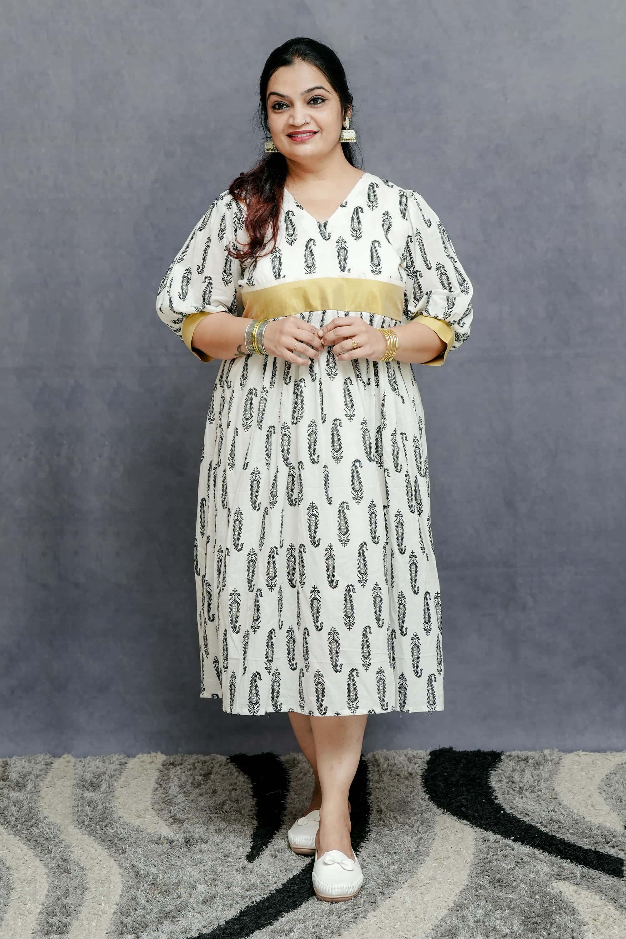 White Printed A line Cotton Dress with Golden Highlight